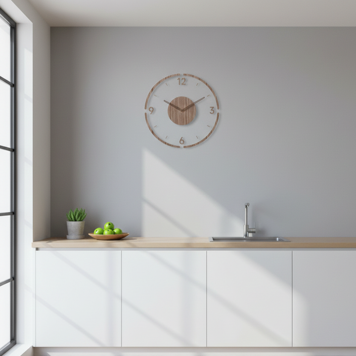 Contemporary solid wood wall clock, silent & minimalist for modern home decor.