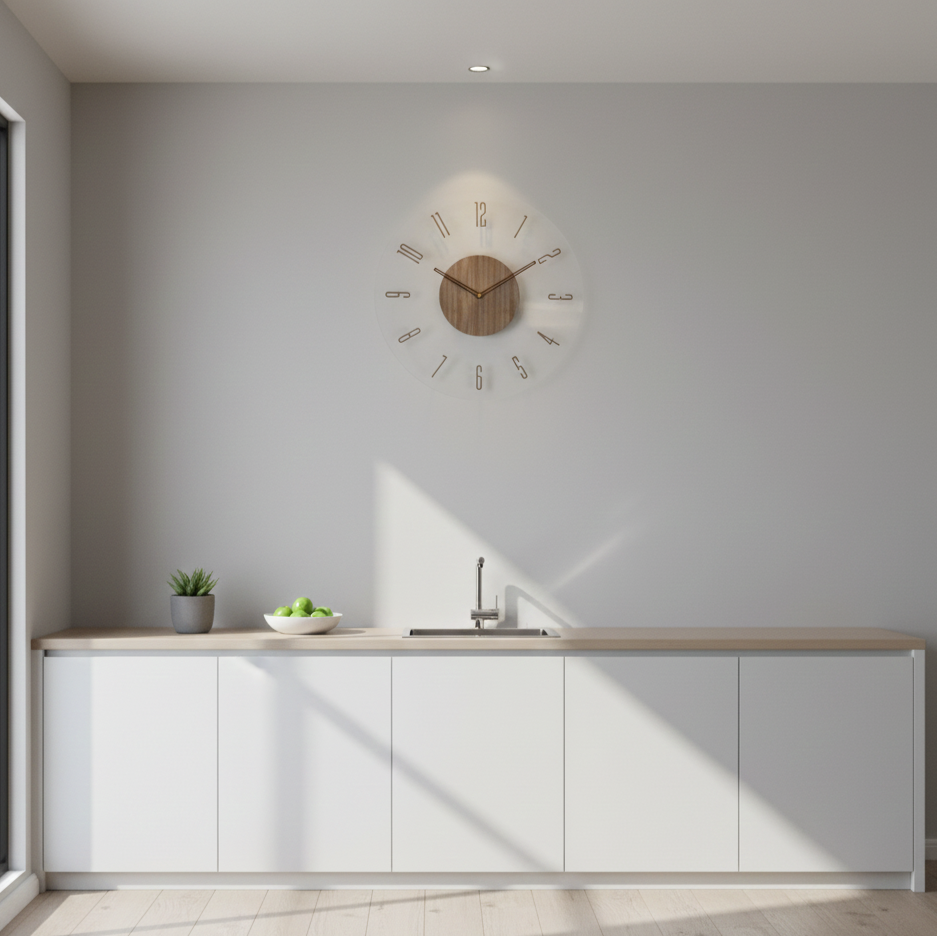 Elegant Scandinavian silent wall clock, natural wood finish, ideal for office decor.