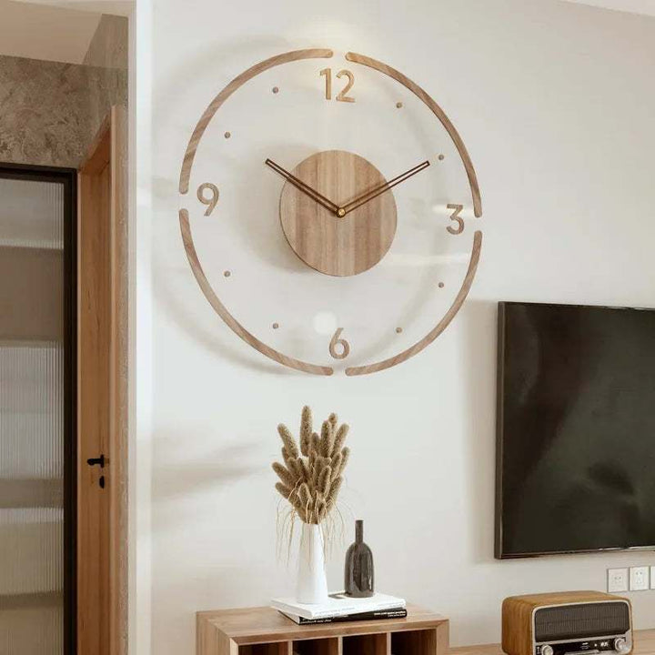 Round wood wall clock with silent mechanism, perfect for minimalist bedroom decor.