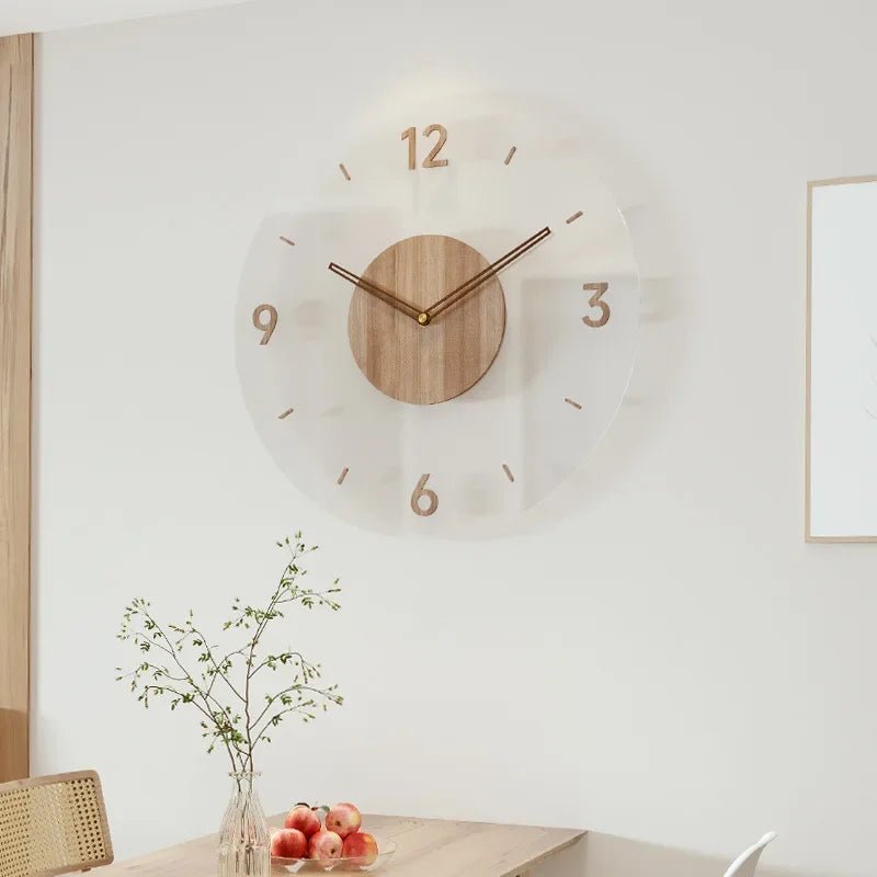 Solid wood silent clock, minimalist design, enhances any modern living room.
