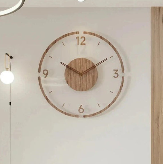 Stylish silent wall clock, solid wood & round, modern Scandinavian home accessory.