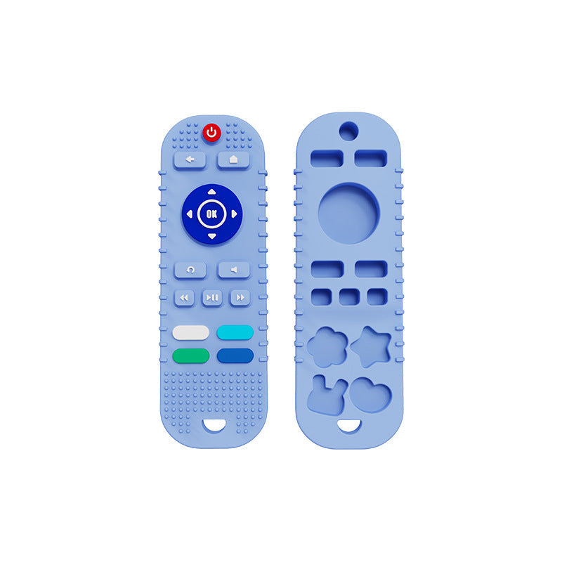 Safe silicone infant teether, designed as a remote control, ideal chew toy for sore gums and teething babies.