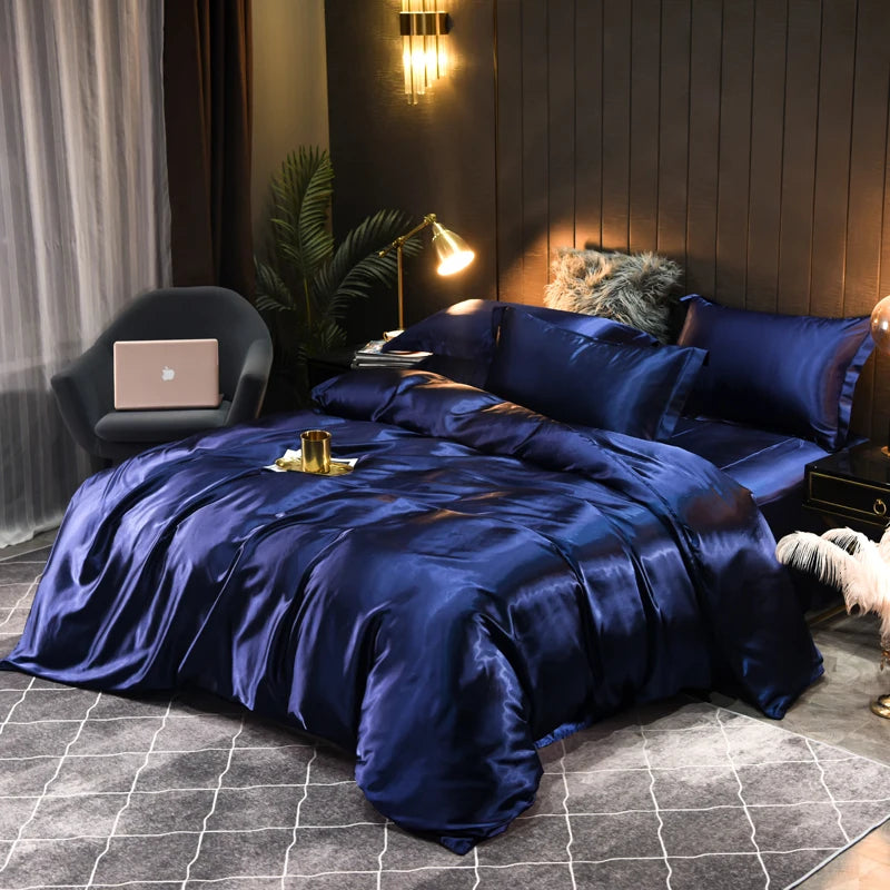 Silky satin bedding set: luxurious comfort, elegant design, ideal for modern bedroom decor.