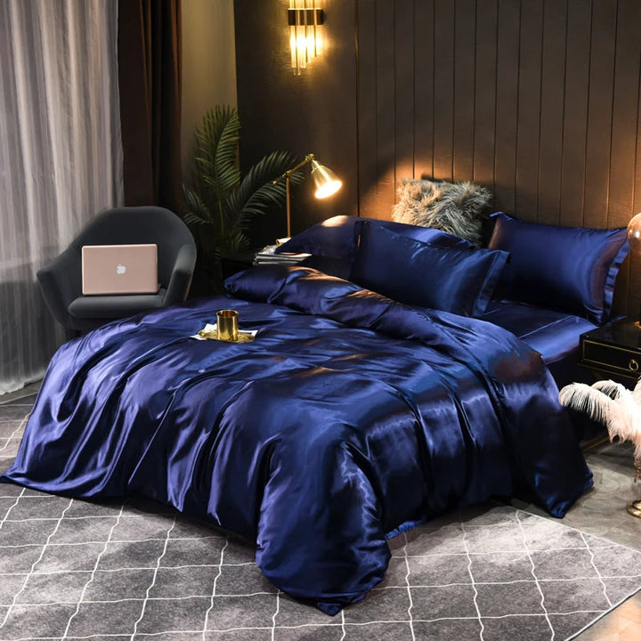 Silky satin bedding set: luxurious comfort, elegant design, ideal for modern bedroom decor.