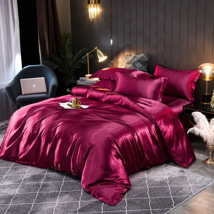 Complete silky satin bedding set, transforming any bedroom with luxurious comfort & elegant style.
