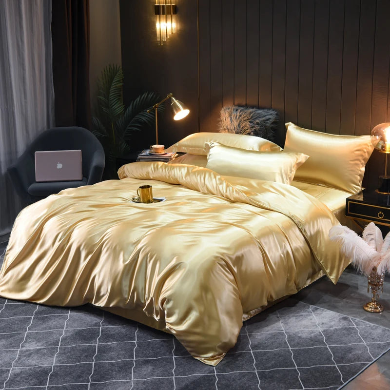 Elegantly styled bed with luxurious, silky soft satin duvet cover & matching pillowcases.