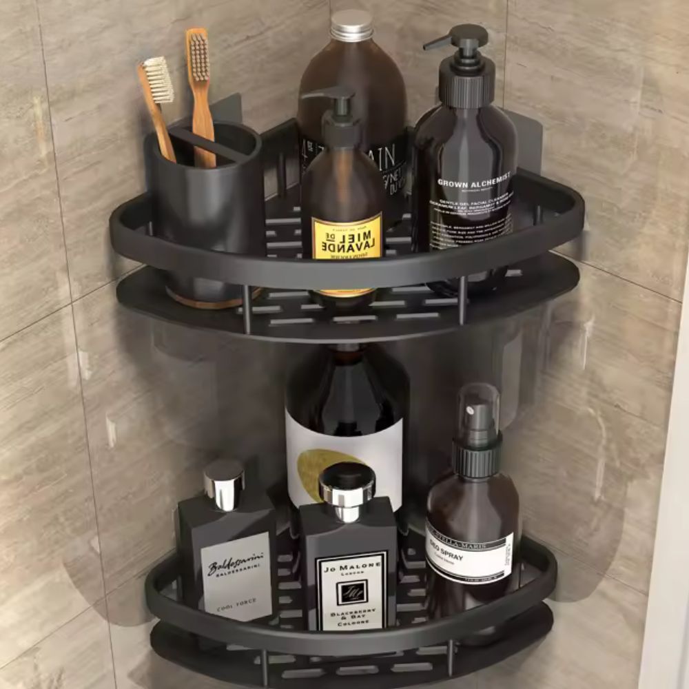 Silver single-tier rustproof shower caddy organizer, wall-mounted bathroom storage for shampoo & soap.