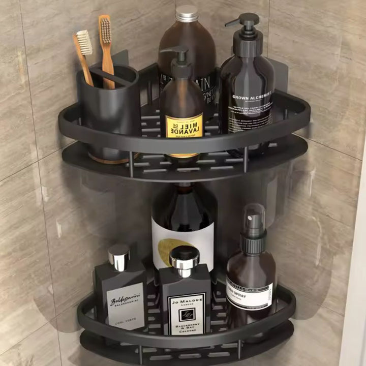 Silver single-tier rustproof shower caddy organizer, wall-mounted bathroom storage for shampoo & soap.