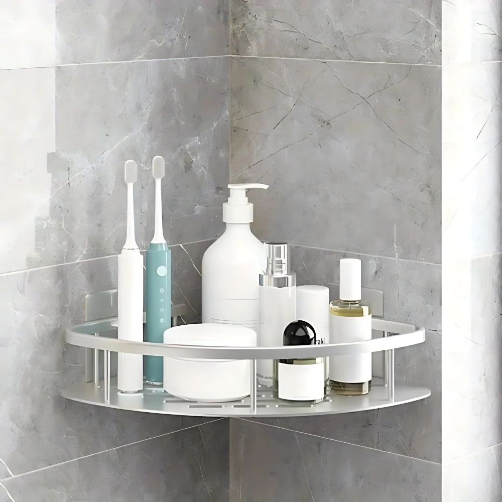 Black double-tier rustproof shower caddy for extensive bathroom storage. Wall-mounted, space-saving design.