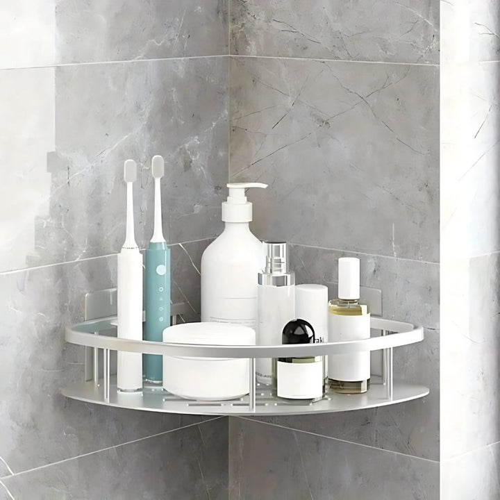 Black double-tier rustproof shower caddy for extensive bathroom storage. Wall-mounted, space-saving design.