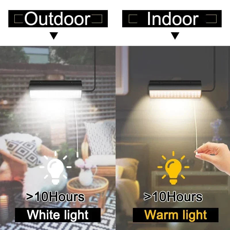 Dual head solar LED pendant light, ideal for illuminating outdoor sheds, garages, and workshops.
