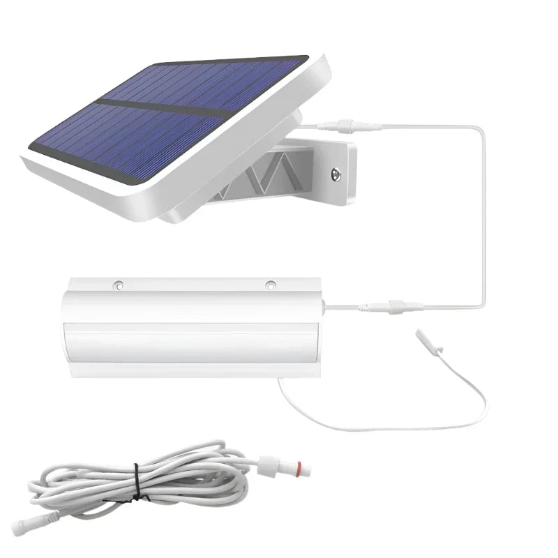 Dual head solar pendant with warm white LED light, creating a cozy ambiance for outdoor living spaces.