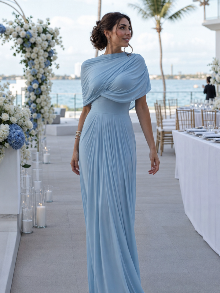 Sky blue one-shoulder maxi dress for women with elegant draped bodice and pleated skirt, perfect for formal events.