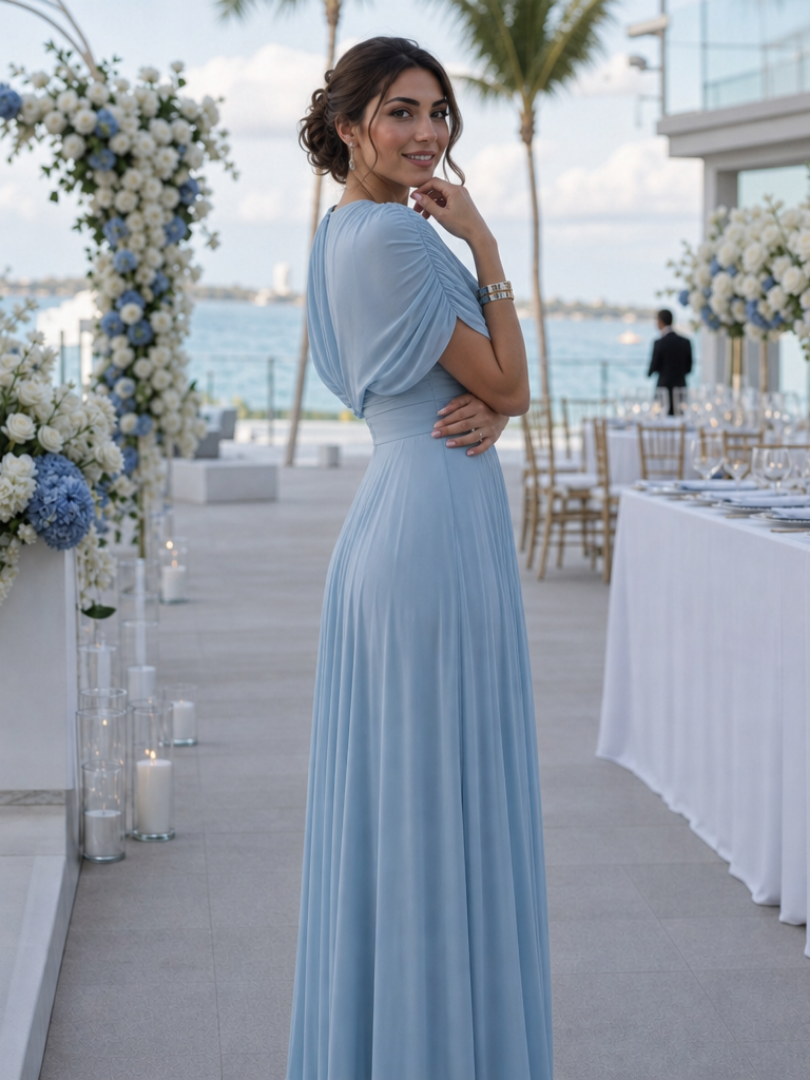 Sophisticated women's blue maxi dress featuring a one-shoulder design, draped bodice, and pleated skirt for formal wear.