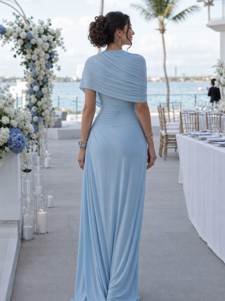 Women's elegant sky blue one-shoulder maxi dress with a beautiful draped bodice, ideal for party or occasion wear.