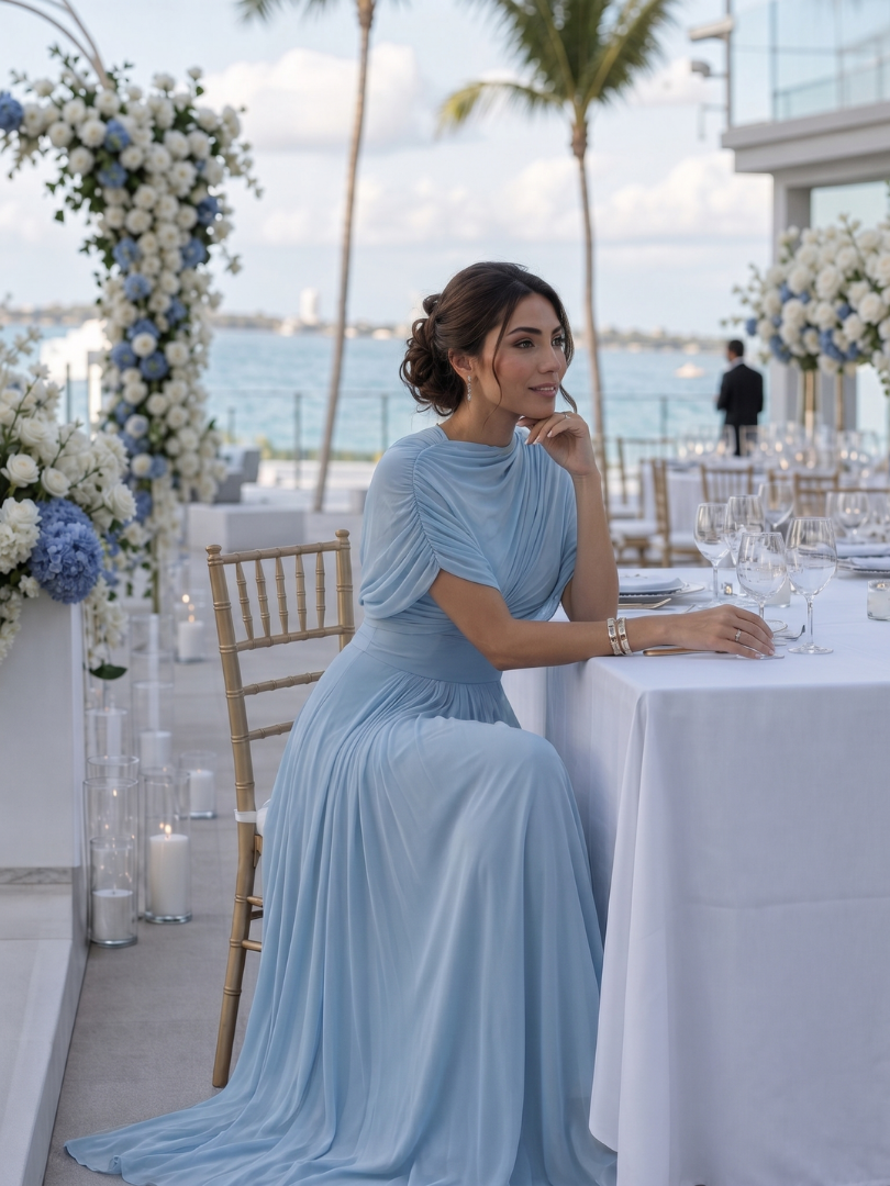 Draped bodice one-shoulder maxi dress in sky blue. Elegant women's formal gown with a flowing pleated skirt.