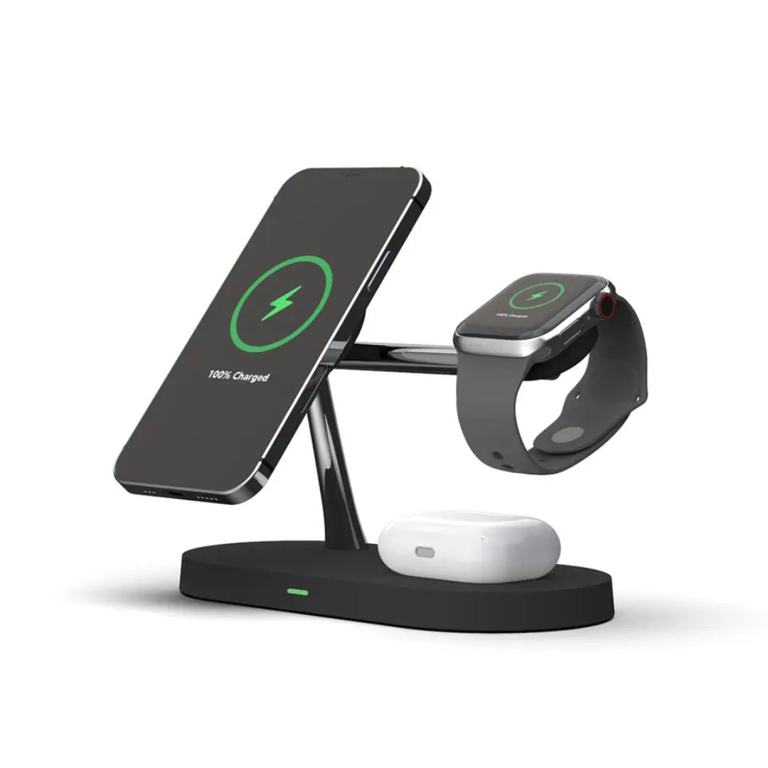 Modern wireless charging station, 3-in-1 fast charger for phone, smartwatch, earbuds. Perfect tech accessory & organizer.