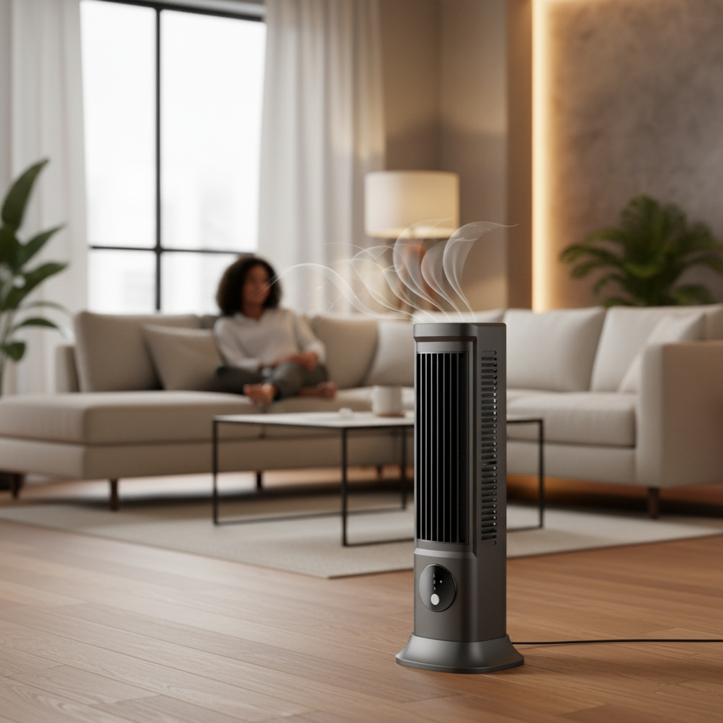 Sleek black portable oscillating tower fan with remote control for efficient, quiet home or office cooling.