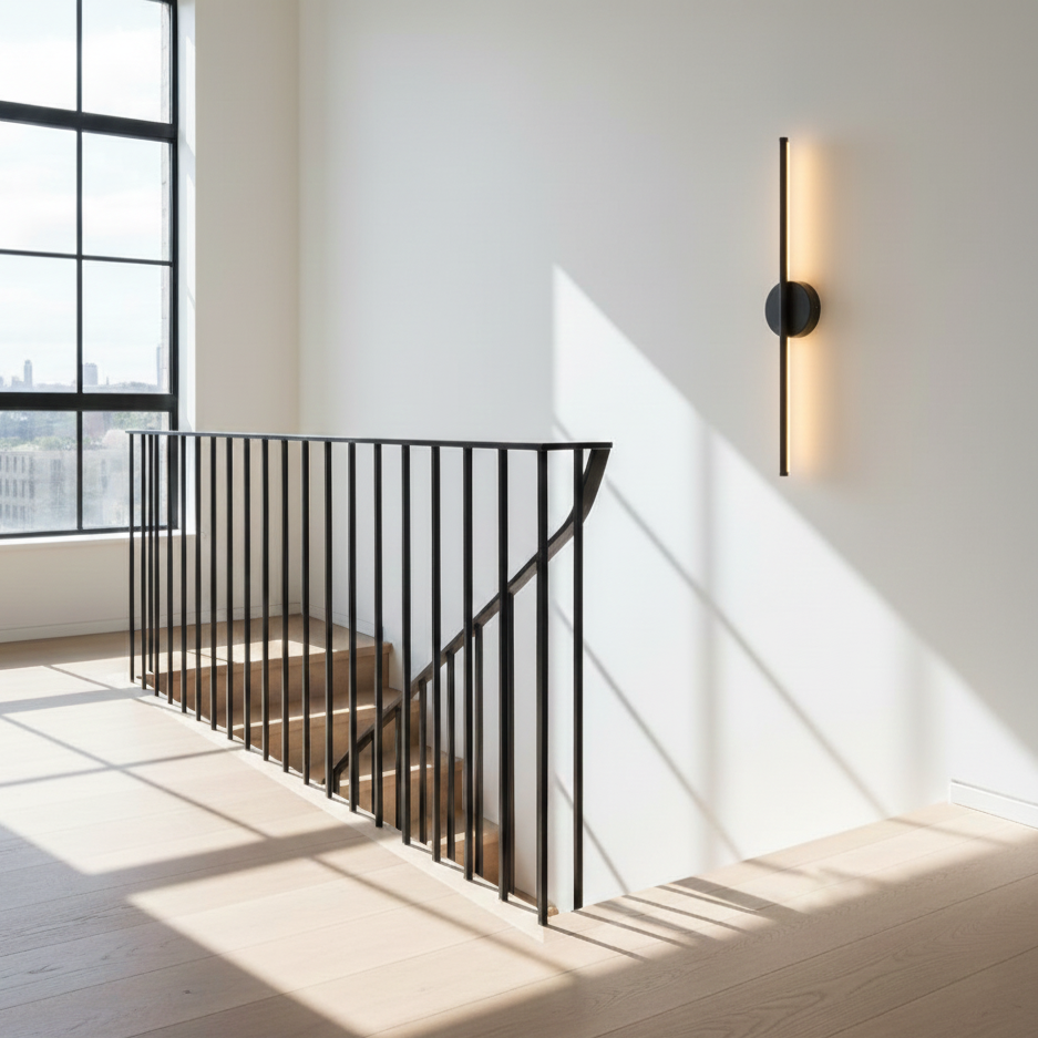 Modern indoor LED wall light with a sleek black & silver design, providing a warm, efficient glow.