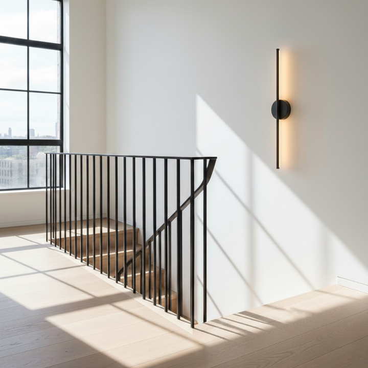 Modern indoor LED wall light with a sleek black & silver design, providing a warm, efficient glow.
