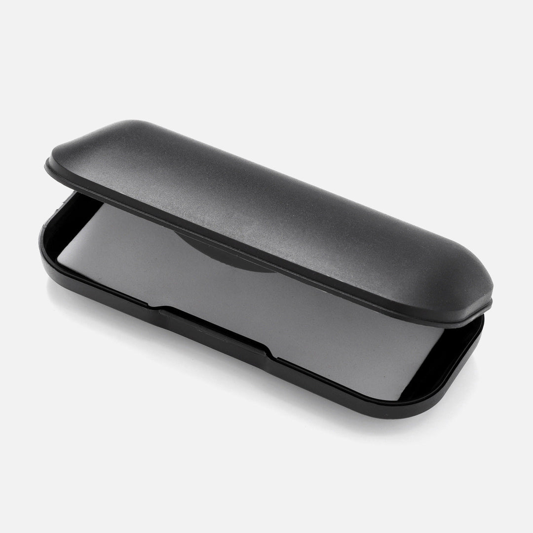 Modern black eyewear storage case. A sleek & durable unisex accessory to protect glasses and sunglasses.