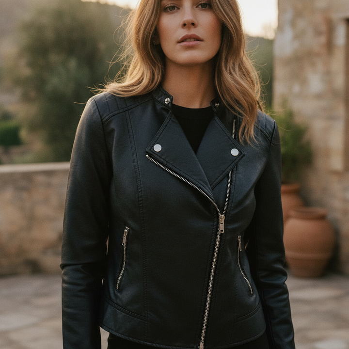 Sleek black women's slim fit zip-up jacket with elegant tailoring, perfect for chic city style.