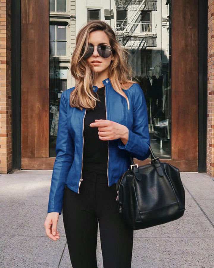 Sophisticated women's black slim fit zip-up jacket, offering sleek style and comfort.