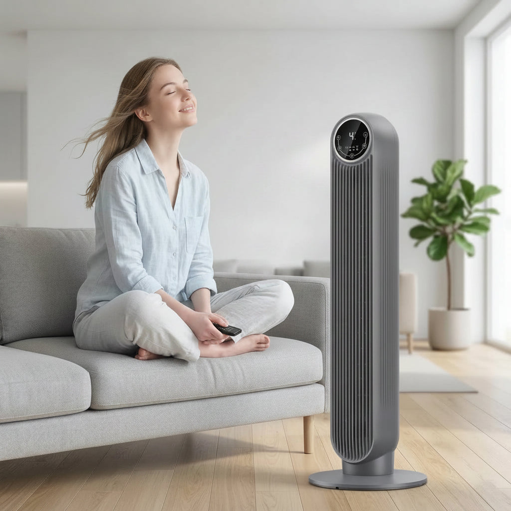 Sleek bladeless tower fan with 8 quiet speeds, 90° oscillation for effective home cooling.