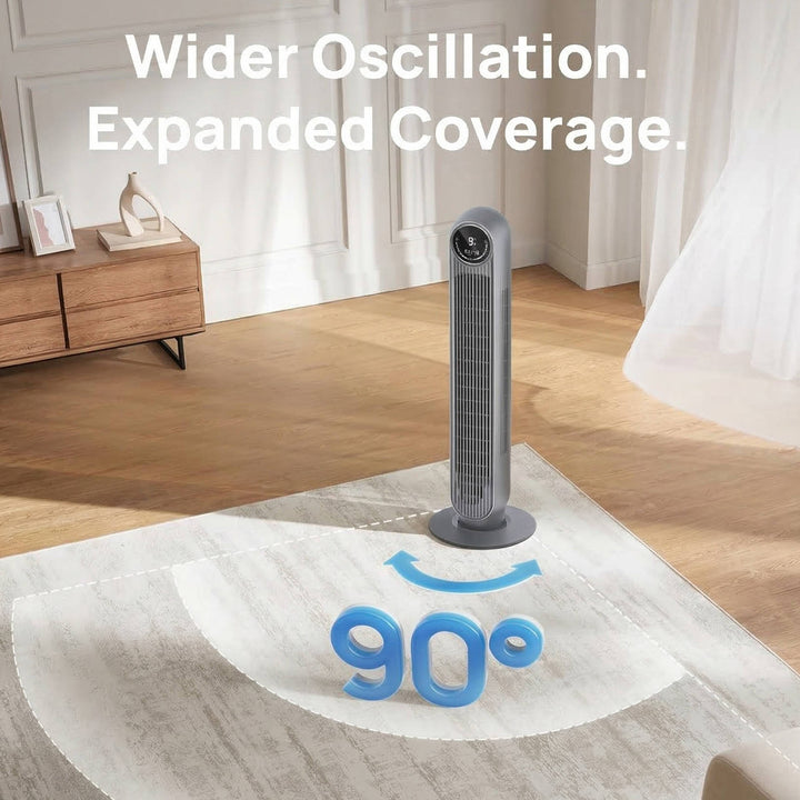 Quiet bladeless tower fan with 8 speeds, 90° oscillation, perfect for bedroom or living room air circulation.