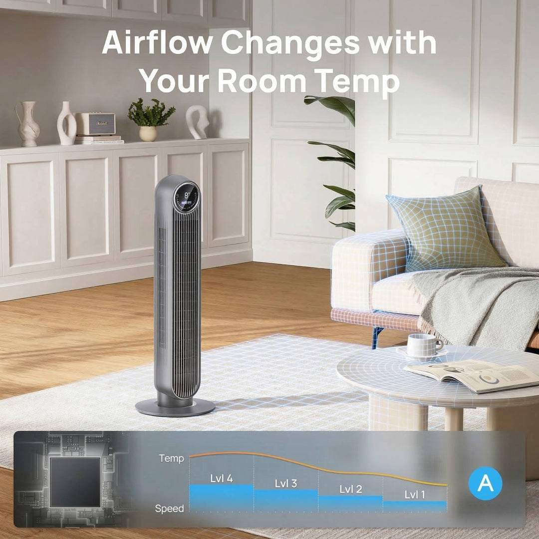 Modern bladeless tower fan, 8-speed control, remote, and 90° oscillation for quiet, efficient home cooling.
