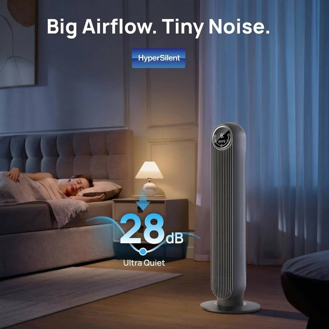 ETL certified bladeless tower fan. Enjoy quiet 8-speed cooling and wide 90° oscillation for your home.