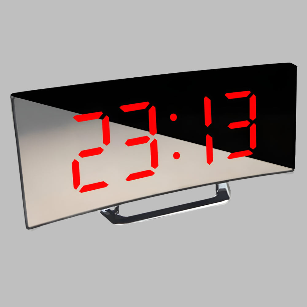 Sleek curved LED alarm clock with snooze, perfect for modern bedrooms. Digital time display for easy reading.