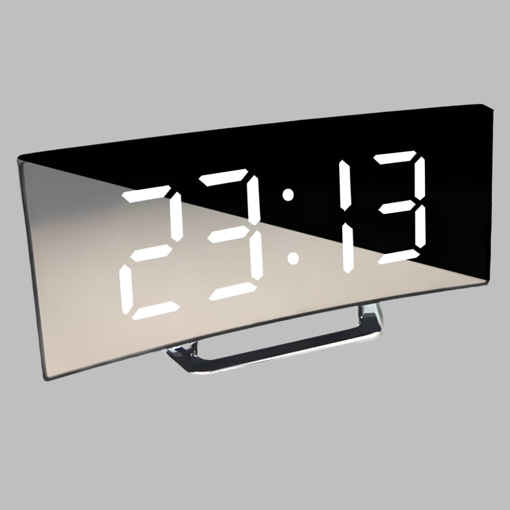 Modern minimalist LED alarm clock with a curved display. Features snooze function & clear digital time.