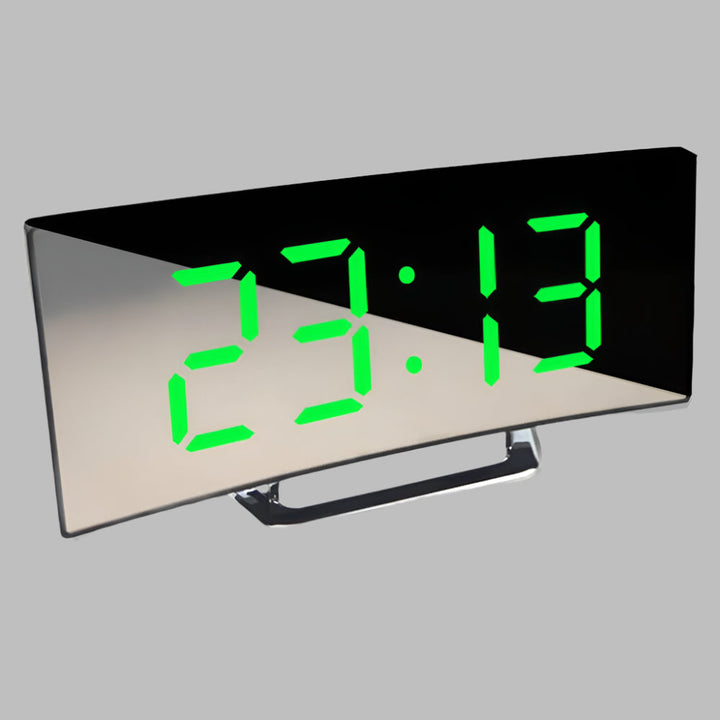 Bedside curved LED alarm clock. Sleek design, digital time, and snooze for modern home decor.