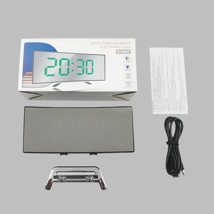 Curved display LED alarm clock with snooze, offering a modern aesthetic for any bedroom or office desk.