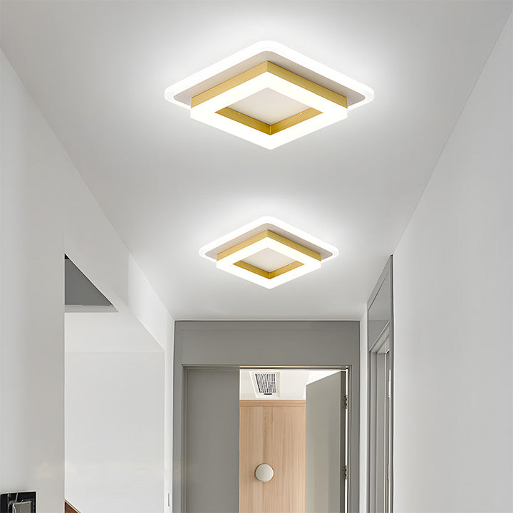 Gold LED ceiling lamp, modern interior lighting, perfect for hallways.
