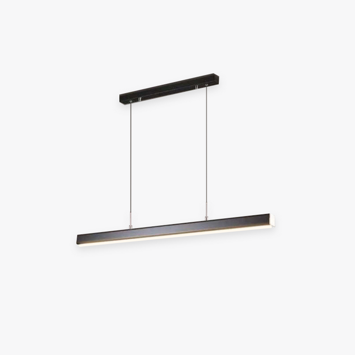 Sleek linear pendant light for modern dining room; contemporary LED ceiling fixture.