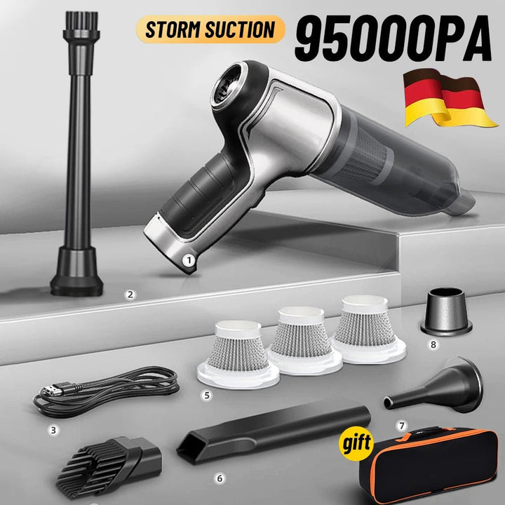 Handheld car vacuum with narrow attachment cleaning a car's dashboard. Powerful cordless suction for tight spots.