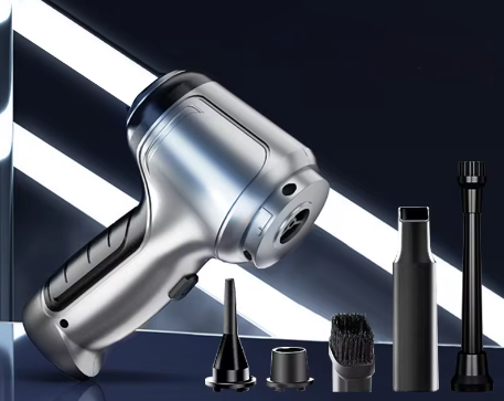 Powerful cordless car vacuum cleaner demonstrating strong suction picking up debris. Efficient auto cleaning tool.