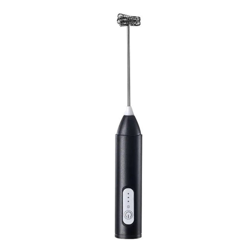 Sleek rechargeable electric milk frother for creamy lattes, cappuccinos & coffee foam. Cordless home barista tool.