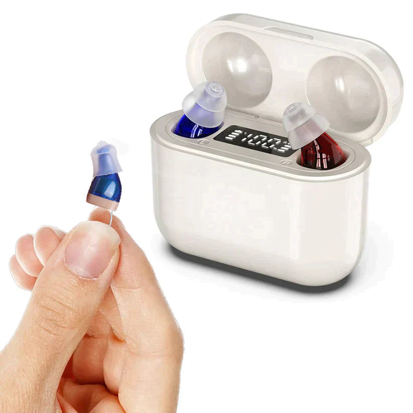 Sleek rechargeable in-ear hearing amplifier, designed for discreet daily use with clear sound.
