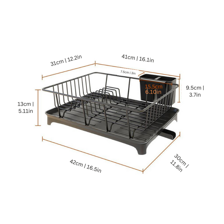 Space-saving stainless steel dish drainer & drip tray, perfect for drying dishes and organizing kitchen counters.