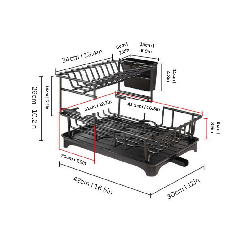Durable stainless steel dish rack with integrated drip tray, ensuring hygienic drying and tidy kitchen storage.
