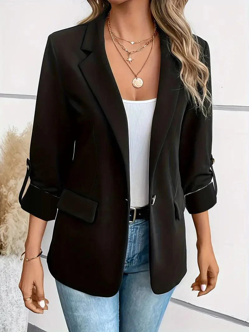 Chic tailored women's single-breasted blazer for elegant business attire. Versatile formal jacket for smart casual.