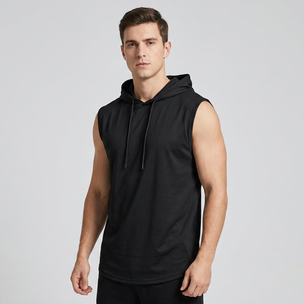 Sleeveless men's athletic hoodie with drop-curve hem, perfect for gym training & active daily wear.