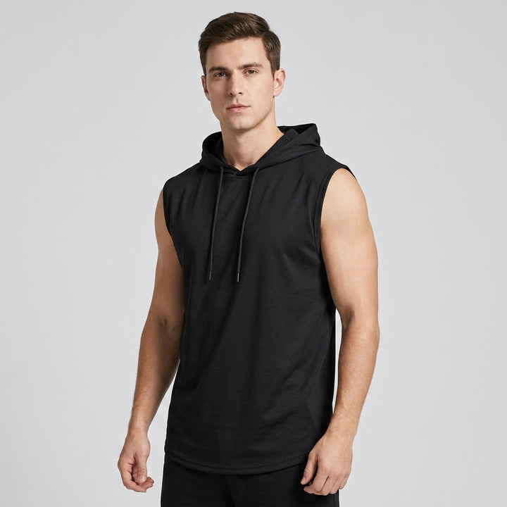 Sleeveless men's athletic hoodie with drop-curve hem, perfect for gym training & active daily wear.