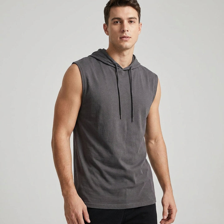 Structured men's sleeveless fitness hoodie with drop-curve hem, great for training & urban active wear.