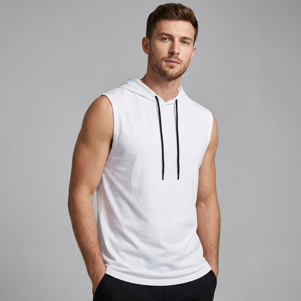 Modern sleeveless men's hoodie with an urban athletic style and drop-curve hem for streetwear.