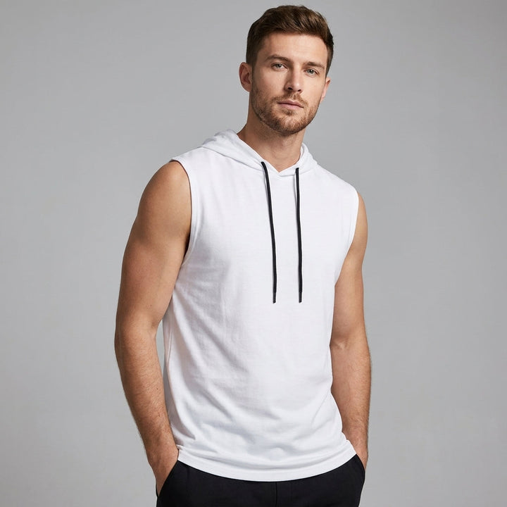 Modern sleeveless men's hoodie with an urban athletic style and drop-curve hem for streetwear.