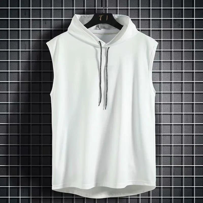 Active men's sleeveless hoodie, perfect for fitness apparel, casual wear, and versatile daily activity.
